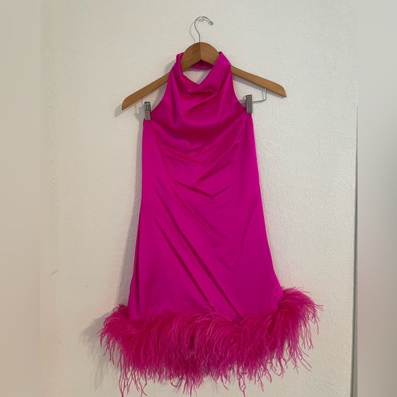 Amanda Uprichard 100% Silk Lunaria Feather-Trim Halter Dress, Small, Hot Pink - Picture 4 of 11